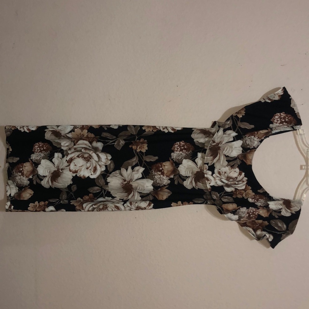 Flowered off the shoulder dress.